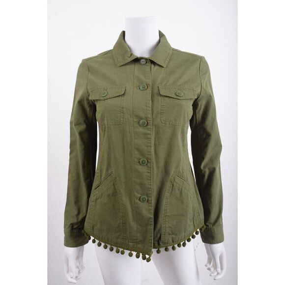 Talbots Jackets & Blazers - Talbots Womens Green Button Down Utility Jacket Blazer Pom Pom Detail XS